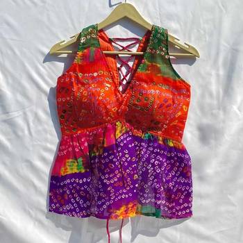 Multicolor-bandhej-deep-v-neck-and-back-criss-cross-chiffon-kurti-top-kj10335 1