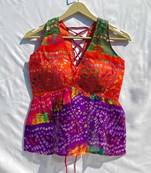Multicolor-bandhej-deep-v-neck-and-back-criss-cross-chiffon-kurti-top-kj10335