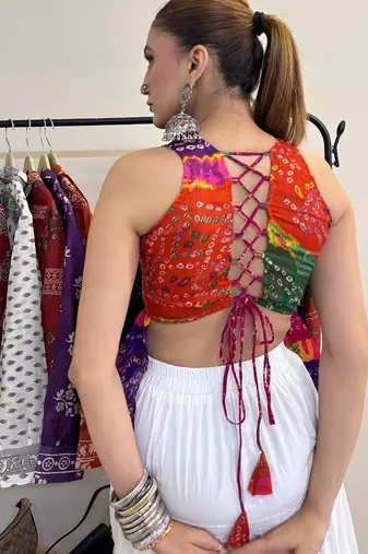 Multicolor-bandhej-deep-v-neck-and-back-criss-cross-chiffon-kurti-top-kj10335