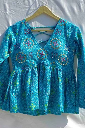 Blue-bandhej-hand-work-embroidery-deep-v-neck-and-back-criss-cross-full-sleeves-cotton-removable-pad-kurti-top-kj10348
