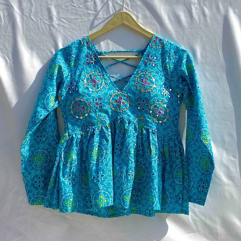 Blue-bandhej-hand-work-embroidery-deep-v-neck-and-back-criss-cross-full-sleeves-cotton-removable-pad-kurti-top-kj10348