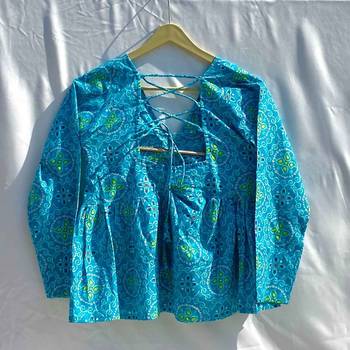 Blue-bandhej-hand-work-embroidery-deep-v-neck-and-back-criss-cross-full-sleeves-cotton-removable-pad-kurti-top-kj10348 2