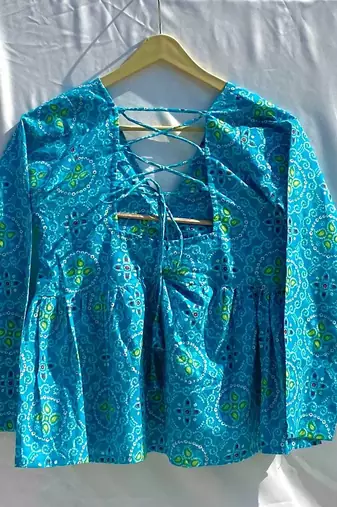 Blue-bandhej-hand-work-embroidery-deep-v-neck-and-back-criss-cross-full-sleeves-cotton-removable-pad-kurti-top-kj10348