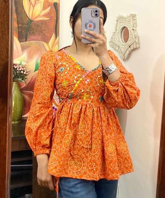 Orange-bandhej-hand-embroidery-work-angrakha-full-sleeves-cotton-removable-pad-kurti-top-kj10349 1