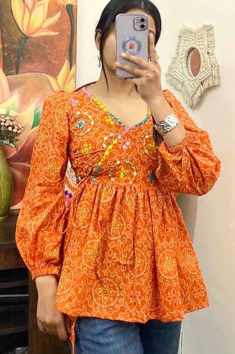 Orange-bandhej-hand-embroidery-work-angrakha-full-sleeves-cotton-removable-pad-kurti-top-kj10349