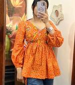 Orange-bandhej-hand-embroidery-work-angrakha-full-sleeves-cotton-removable-pad-kurti-top-kj10349