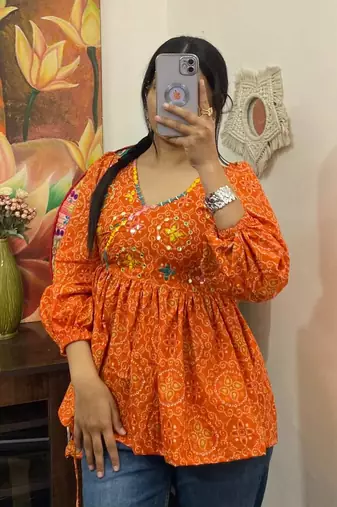 Orange-bandhej-hand-embroidery-work-angrakha-full-sleeves-cotton-removable-pad-kurti-top-kj10349