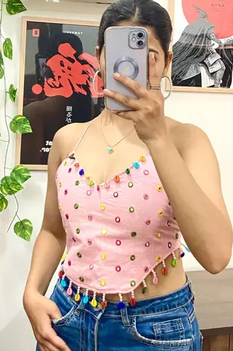 Pink-mirror-shell-criss-cross-top-kj10351