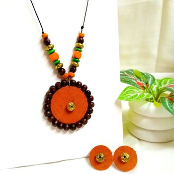 Orange fabric wooden beads neckset 1