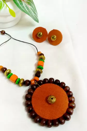 Orange fabric wooden beads neckset