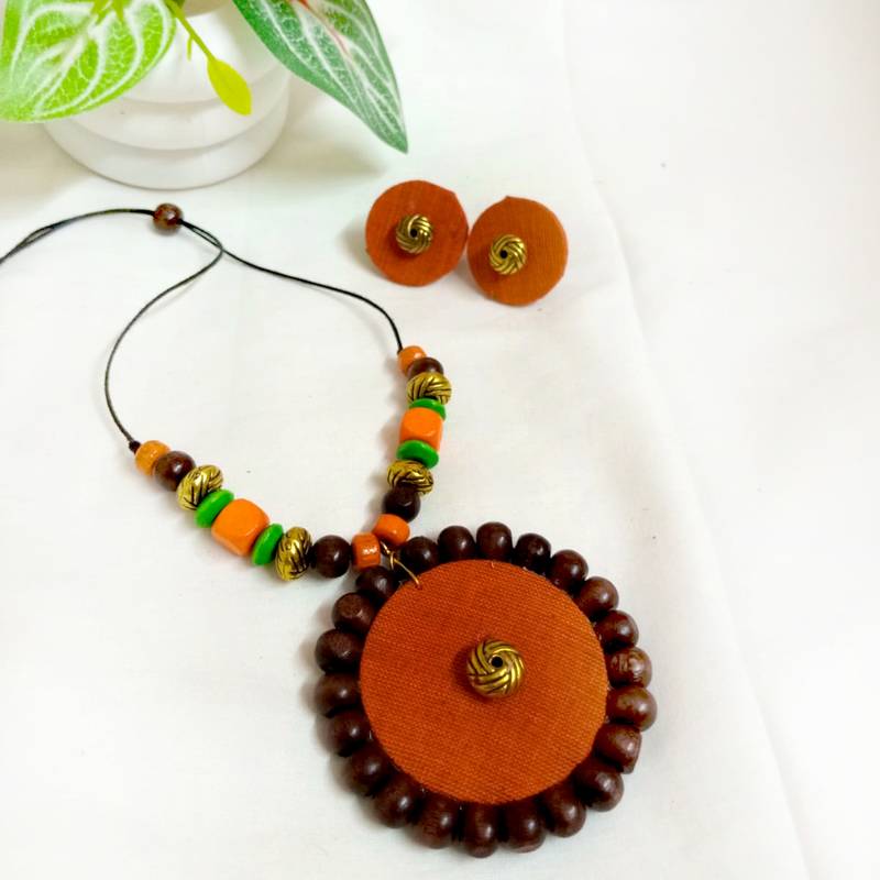 Orange fabric wooden beads neckset