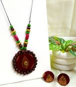 Maroon fabric wooden beads neckset