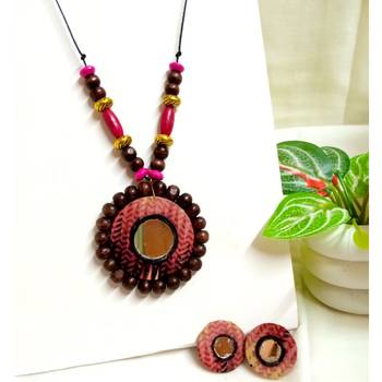 Pink fabric wooden beads neckset 1