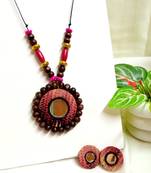 Pink fabric wooden beads neckset