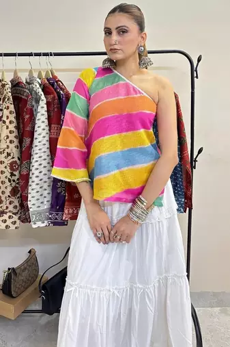 Multicolor-lehariya-stripe-off-shoulder-kurti-kj10388