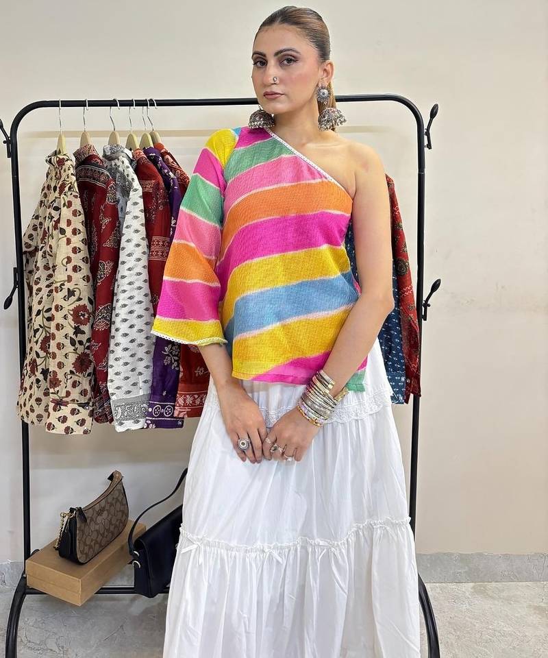 Multicolor-lehariya-stripe-off-shoulder-kurti-kj10388