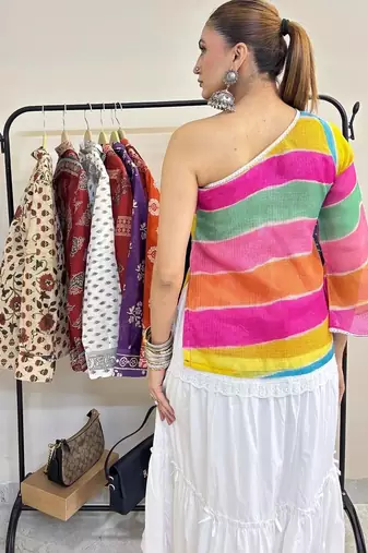 Multicolor-lehariya-stripe-off-shoulder-kurti-kj10388