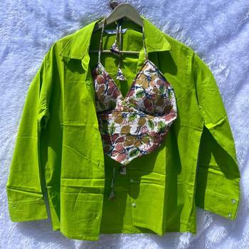 Neon-green-plain-cotton-shirt-and-multicolor-katha-camel-bra-combo-kj10389 1