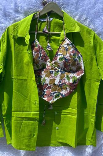 Neon-green-plain-cotton-shirt-and-multicolor-katha-camel-bra-combo-kj10389