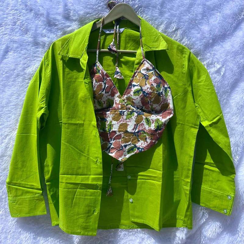Neon-green-plain-cotton-shirt-and-multicolor-katha-camel-bra-combo-kj10389