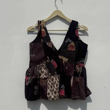 Dark-multicolor-ptach-deep-neck-cut-sleeves-removable-pads-top-kj10436 2