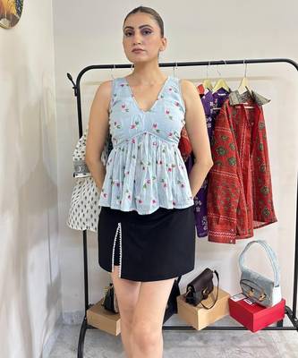 Ice-blue-embroidery-criss-cross-deep-neck-cut-sleeves-removable-pads-top-kj10438 3