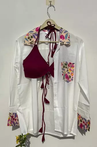 Pink-floral-patch-shirt-and-wine-snail-bra-combo-kj10505