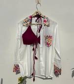 Pink-floral-patch-shirt-and-wine-snail-bra-combo-kj10505