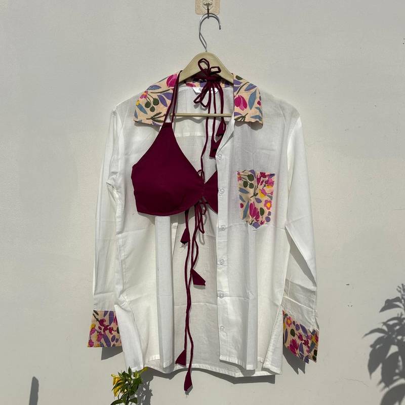Pink-floral-patch-shirt-and-wine-snail-bra-combo-kj10505