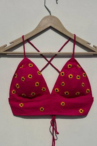 Pink-sunflower-hand-embroidery-removable-padded-bra-kj10519