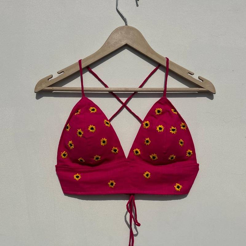 Pink-sunflower-hand-embroidery-removable-padded-bra-kj10519