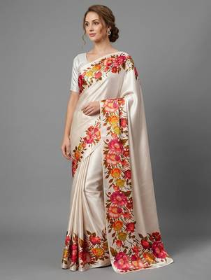 Cream printed satin saree with blouse piece 1