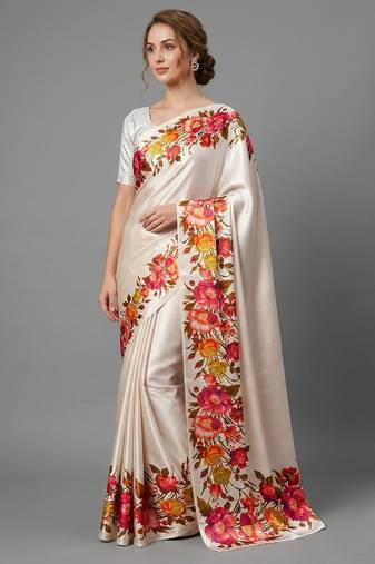 Cream printed satin saree with blouse piece