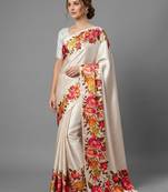 Cream printed satin saree with blouse piece