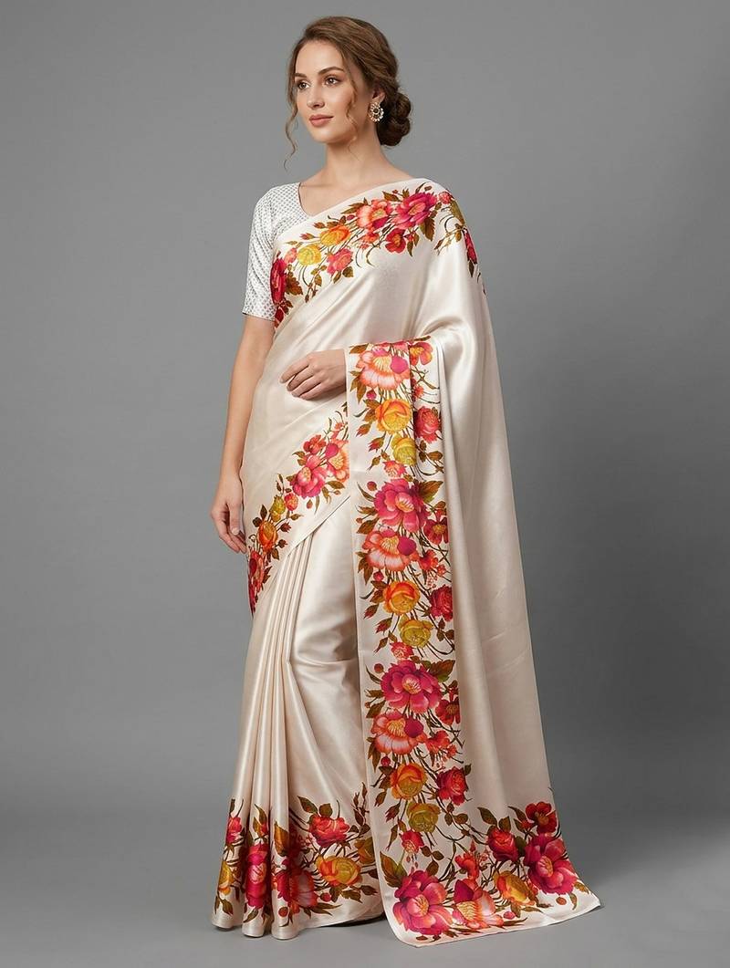 Cream printed satin saree with blouse piece