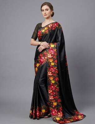Black printed satin saree with blouse piece 1