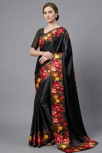 Black printed satin saree with blouse piece