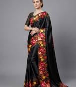 Black printed satin saree with blouse piece