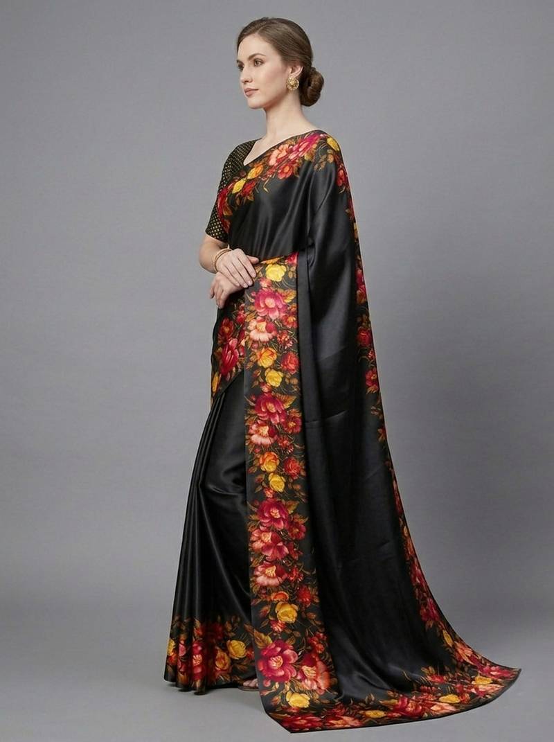 Black printed satin saree with blouse piece