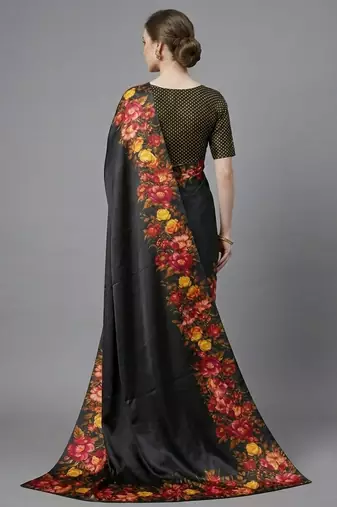 Black printed satin saree with blouse piece