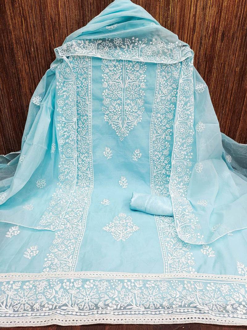 Floral Embroidered Thread Work Chanderi Cotton Unstitched Dress Material