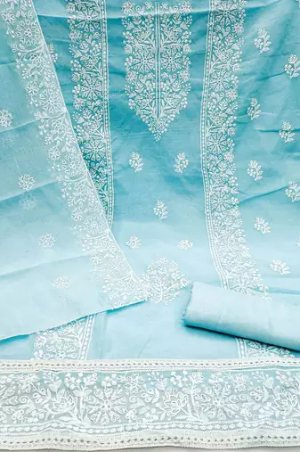 Floral Embroidered Thread Work Chanderi Cotton Unstitched Dress Material