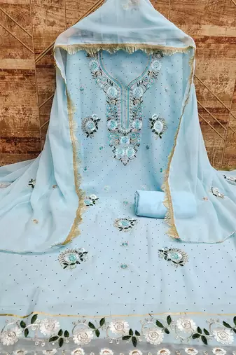 Floral Embroidered Beads And Stones Silk Georgette Unstitched Dress Material