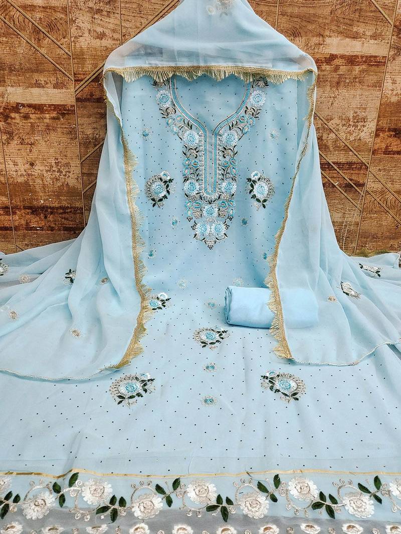 Floral Embroidered Beads And Stones Silk Georgette Unstitched Dress Material