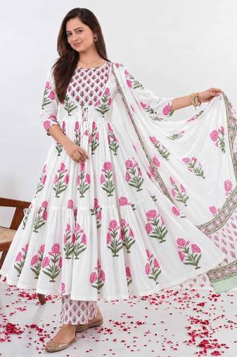 Women's Floral Printed Cotton Anarkali Kurta Set with Pants and Dupatta