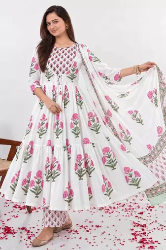 Women's Floral Printed Cotton Anarkali Kurta Set with Pants and Dupatta