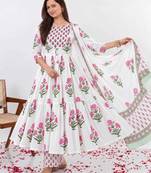 Women's Floral Printed Cotton Anarkali Kurta Set with Pants and Dupatta