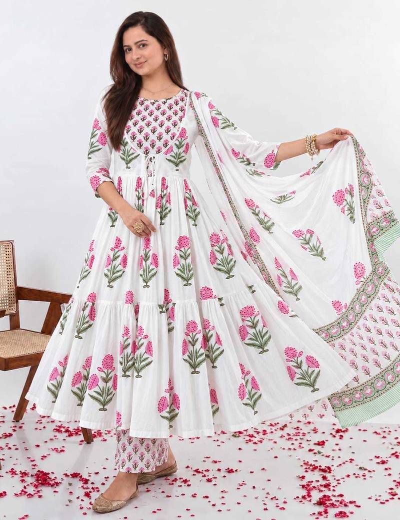 Women's Floral Printed Cotton Anarkali Kurta Set with Pants and Dupatta