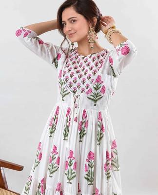 Women's Floral Printed Cotton Anarkali Kurta Set with Pants and Dupatta 2