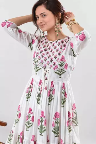 Women's Floral Printed Cotton Anarkali Kurta Set with Pants and Dupatta